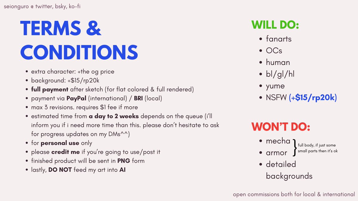 [rts are very appreciated]

C🅾ⓂⓂS ARE OPEN FOR BOTH INTERNATIONAL AND LOCAL🇮🇩! (+A LITTLE TOS UPDATE)

february is here! i will be opening 5 SLOTS for this month :3 come come grab yours!!!