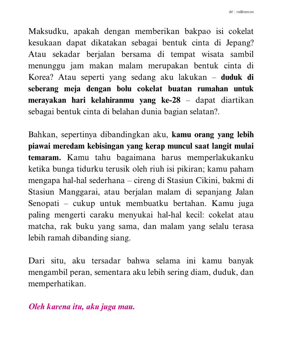 cullenwoo's tweet photo. sebuah perayaan dengan satu loyang
bolu coklat

pesta meriah untuk kamu yang sedang merayakan hari bahagia. ditulis dengan cinta sebagai bentuk hadiah dari sebuah pengharapan. maka daripada itu aku ucapkan serta mulia, kasihku 🤍⭐️ https://t.co/RGB7wSvfRz