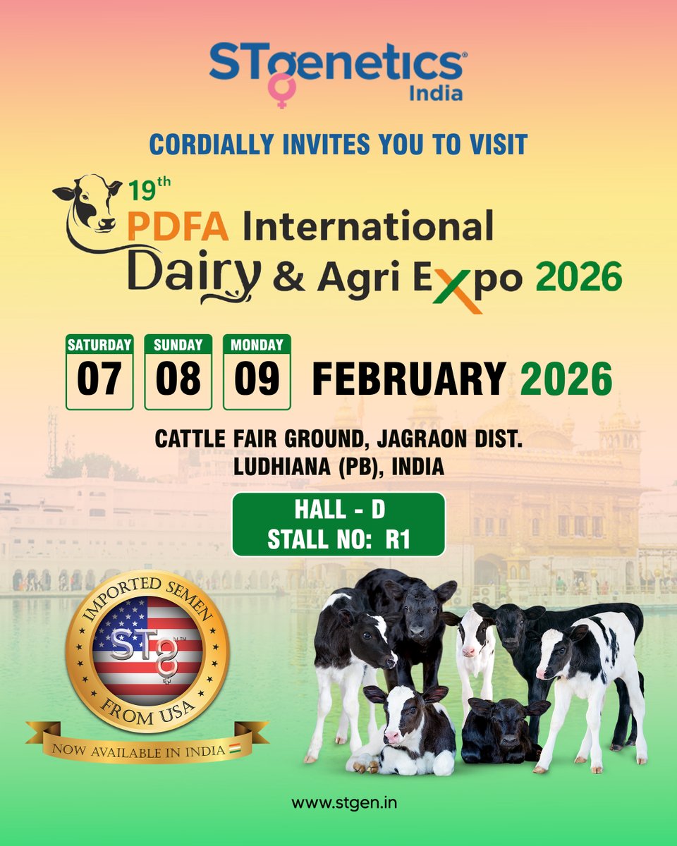 StgeneticsI's tweet photo. Join us at the #PDFAInternationalDairyandAgriExpo2026! 🐄🌾
.
.
Visit our stall and let's build a brighter future together!

📅 Date: 07th February to 09th February 2026
📍 Venue: Cattle Fair Ground, Jagraon, Dist. Ludhiana (PB), India
We can’t wait to see you there!

#stgenetics https://t.co/4IJtwXzoMh