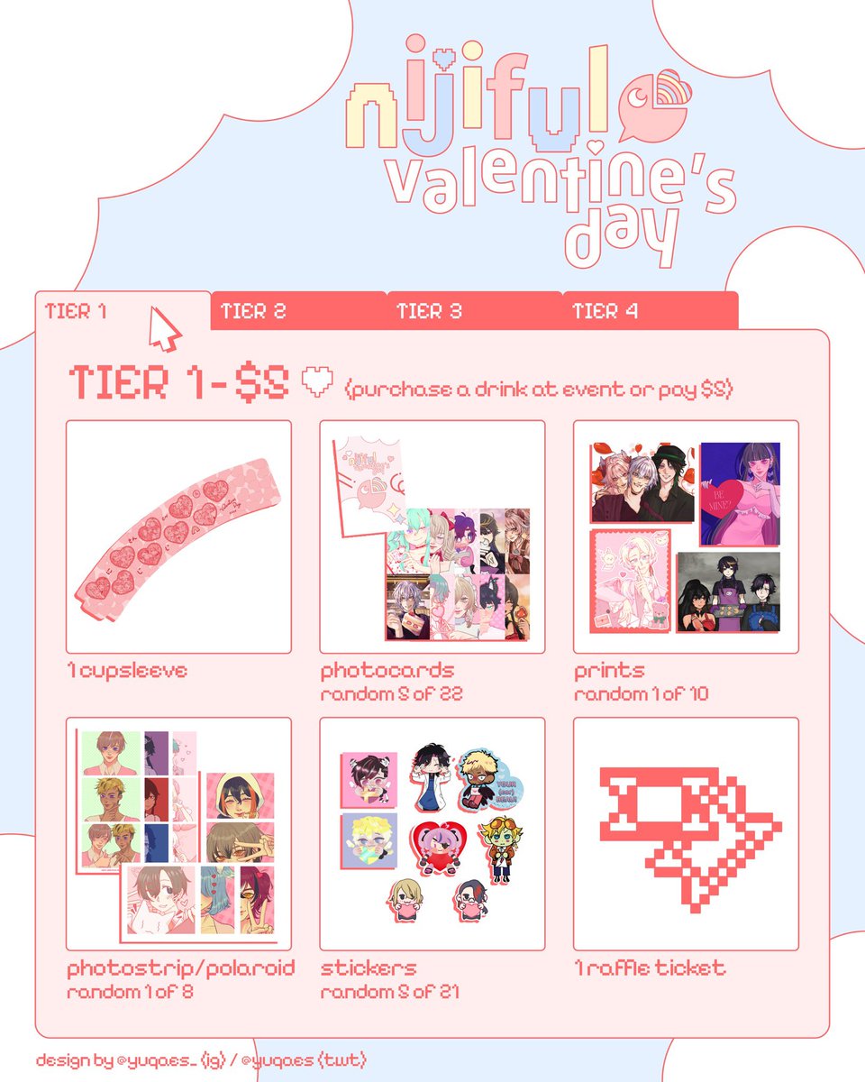 maechirisu's tweet photo. tier reveal 💌

to get the full look of everyone’s illustrations check #NIJIfulValentinesDay to see when they post, do give them lots of love 💗

graphics by @yuqaes 🫶🫶

rsvp linked below, once the form closes it’s all first come first serve day of ⤵ https://t.co/HxU7YEn1Om