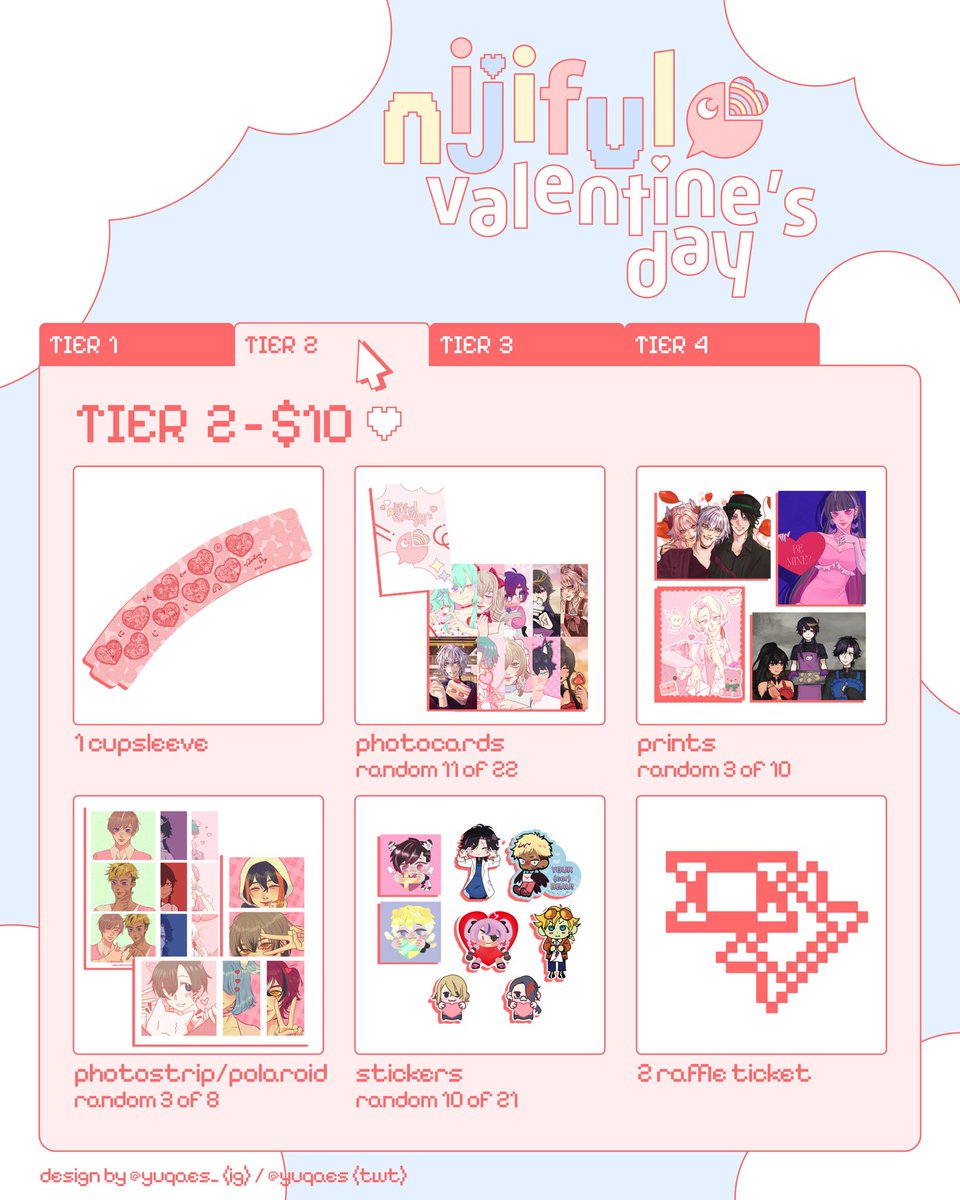 maechirisu's tweet photo. tier reveal 💌

to get the full look of everyone’s illustrations check #NIJIfulValentinesDay to see when they post, do give them lots of love 💗

graphics by @yuqaes 🫶🫶

rsvp linked below, once the form closes it’s all first come first serve day of ⤵ https://t.co/HxU7YEn1Om