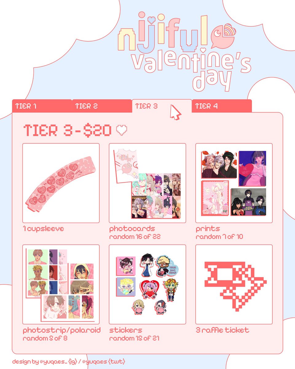 maechirisu's tweet photo. tier reveal 💌

to get the full look of everyone’s illustrations check #NIJIfulValentinesDay to see when they post, do give them lots of love 💗

graphics by @yuqaes 🫶🫶

rsvp linked below, once the form closes it’s all first come first serve day of ⤵ https://t.co/HxU7YEn1Om
