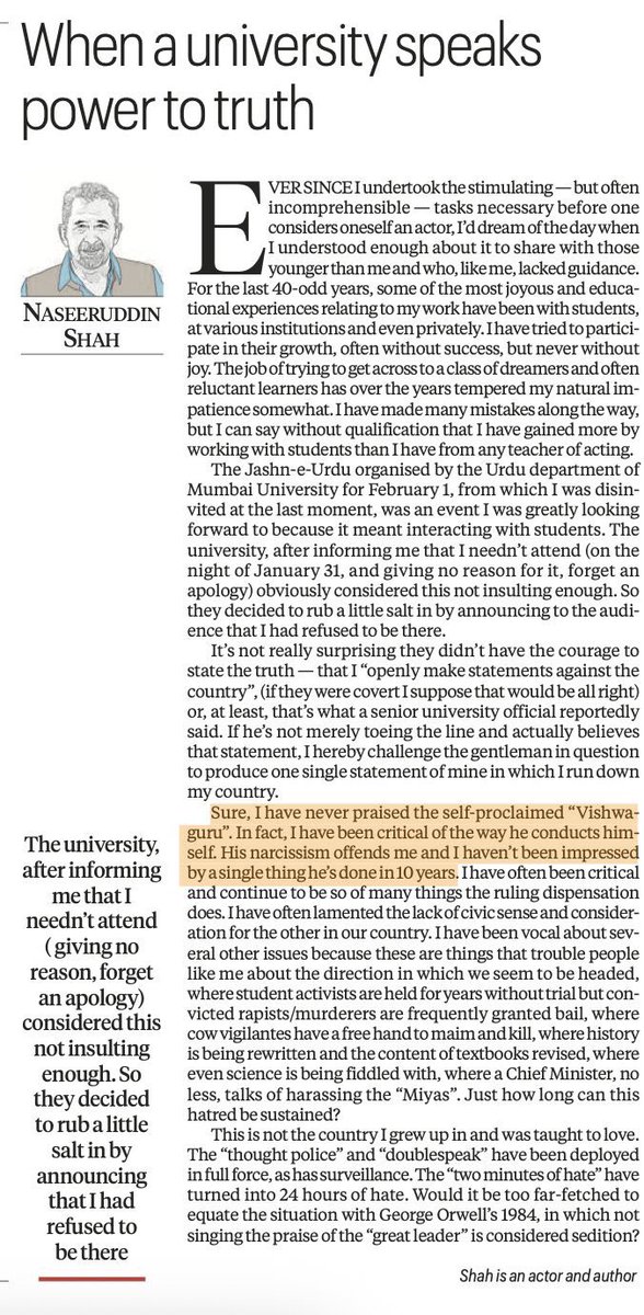 "I have never praised the self-proclaimed 'Vishwaguru'. In fact, I have been critical of the way he conducts himself. His narcissism offends me and I haven't been impressed by a single thing he has done in 10 years"

Naseeruddin Shah looks the bully in the eye. <a href="/IndianExpress/">The Indian Express</a>