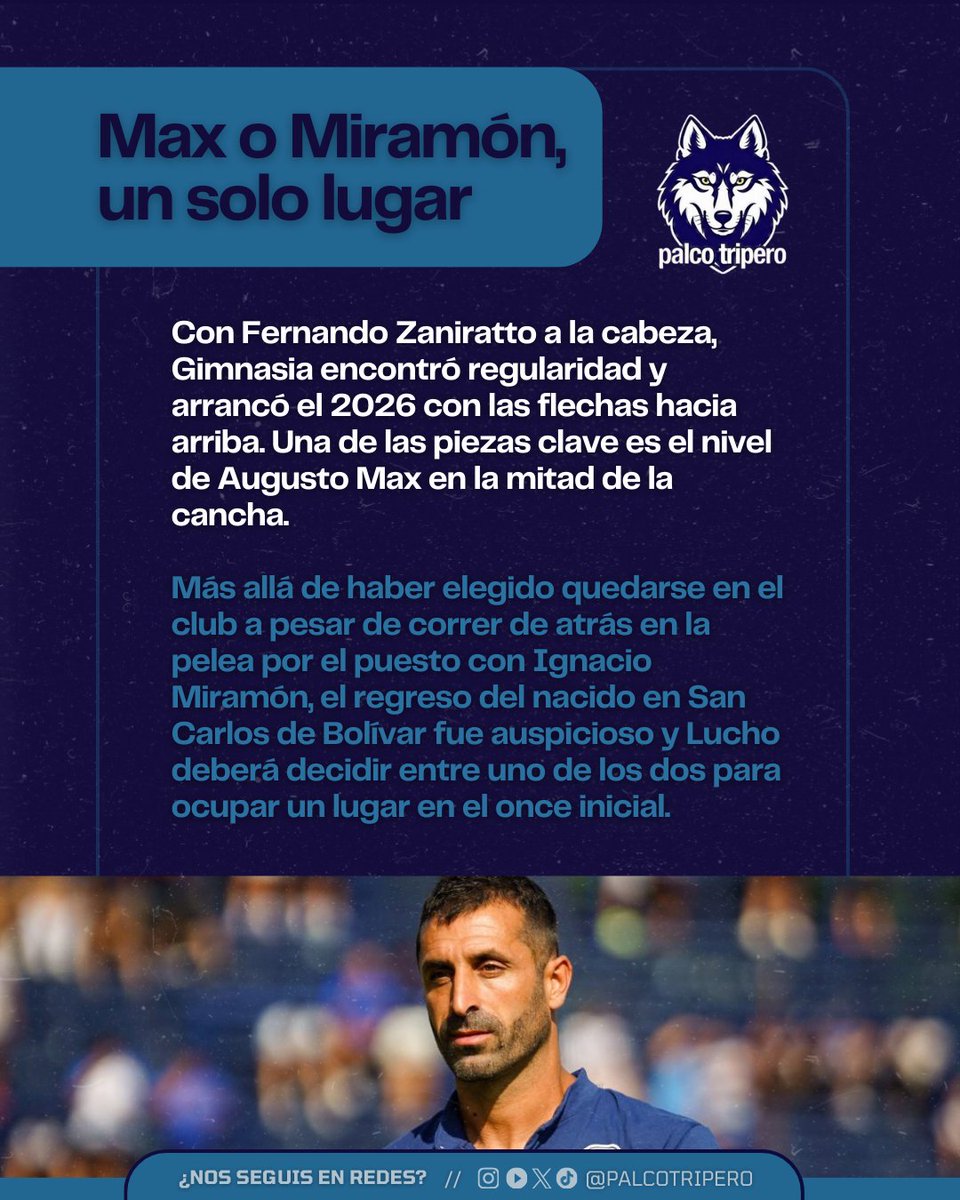 #GELP 🐺 Max o Miramón, un solo lugar. 

Gimnasia encontró regularidad y arrancó el 2026 en alza. Una de las claves es Augusto Max, que decidió quedarse pese a correr de atrás en la pelea con Miramón. El regreso de Nacho fue auspicioso y el DT deberá elegir a uno para el once.
