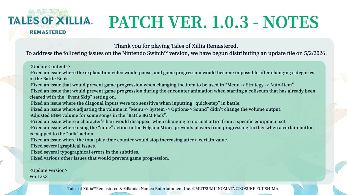 's tweet image. 【Update Data Release Notice】An update data has been distributed for the Nintendo Switch™ of Tales of Xillia Remastered!

Please refer to the attached image for details.

#Tales #Xillia