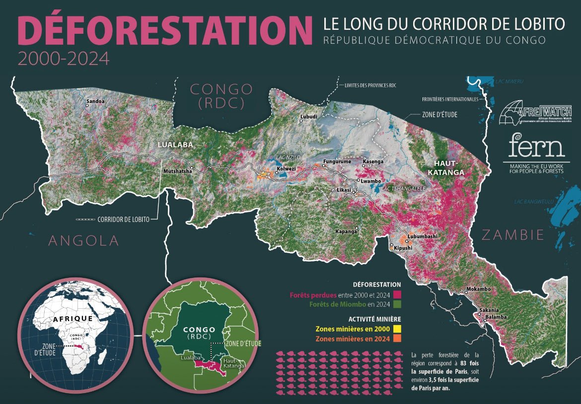 Poncia_N's tweet image. Pendant que les leaders africains vassaux sont à Washington pour offrir à Trump des voies d’accès sécurisées aux minerais critiques, je partage les cartes de Z. Ammerman, qui montrent la corrélation entre le boom de l’exploitation minière autour du corridor de Lobito et la…