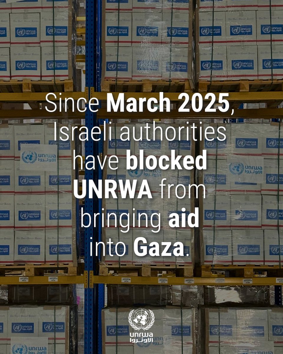 UNRWA's tweet photo. ➡️UNRWA’s humanitarian supplies — food, hygiene kits, medicines and shelter items — remain stuck in warehouses in Egypt and Jordan, banned from entering #Gaza since March 2025.

📦 Life-saving aid is ready to move. There is no time to lose.

UNRWA teams have never stopped providing essential support on the ground. Let us do even more.

#UNRWAworks