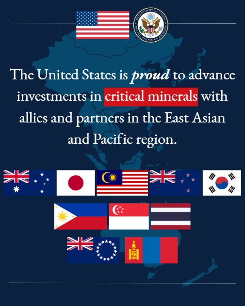 eAsiaMediaHub's tweet image. The United States works with countries across the Indo-Pacific to establish critical minerals supply chains that are free from dependence on a single, unreliable source, market manipulation, price coercion, and sudden disruptions.