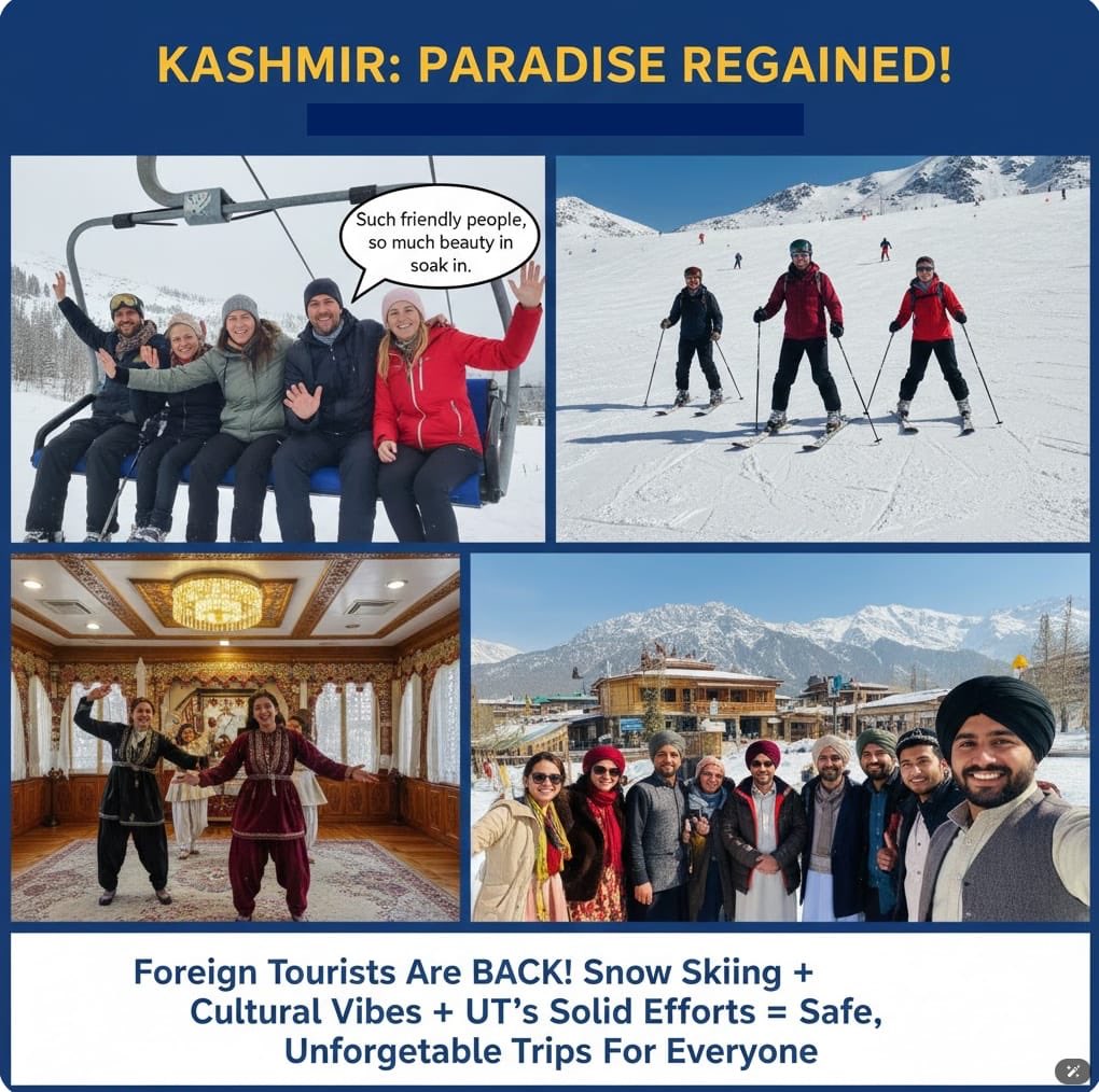 ideaoverflow999's tweet photo. Foreign tourists are back and calling Kashmir straight-up paradise! Margret says: “Such friendly people, so much beauty to soak in.” Snow skiing + cultural vibes + UT’s solid efforts = safe, unforgettable trips for everyone. #KashmirSolidarityDay #KashmirIsCalling https://t.co/QEhGWdWsWo