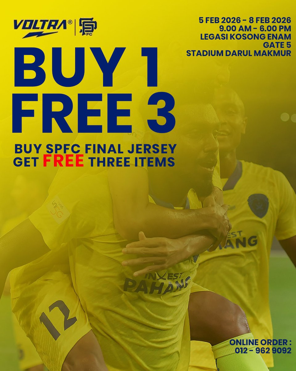 OfficialPahang's tweet photo. “OFFSEASON SALE*

*Pelbagai Barangan Sri Pahang FC (Jersi ,Training Kit &amp; Seluar Trek)

Dapatkan Jersi Player issue - Final SPFC (Rm 100),
PERCUMA 3 Helai Jersi SPFC / Barangan Voltra.

TAWARAN HEBAT INI HANYA UNTUK 4 HARI SHAJA. https://t.co/xwwoRG0rBL