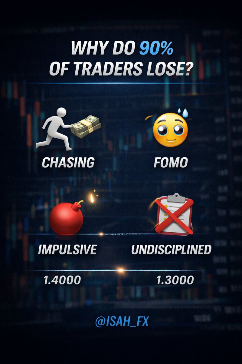 ISAH_FX's tweet photo. 90% lose because they chase, fear missing out, act impulsively, and lack discipline.
The market doesn’t punish ignorance,.. it rewards patience. https://t.co/1Pu2IxDGCh