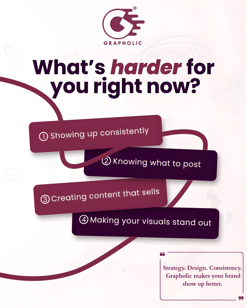 GrapholicStudio's tweet photo. What’s the hardest part of showing up online? 
Consistency? Content ideas? Selling through posts? Or visuals that actually stand out?
If you’re nodding along… you’re not alone.
That’s exactly where we step in. 
Strategy. Design. Consistency. https://t.co/CN5owu3n5h