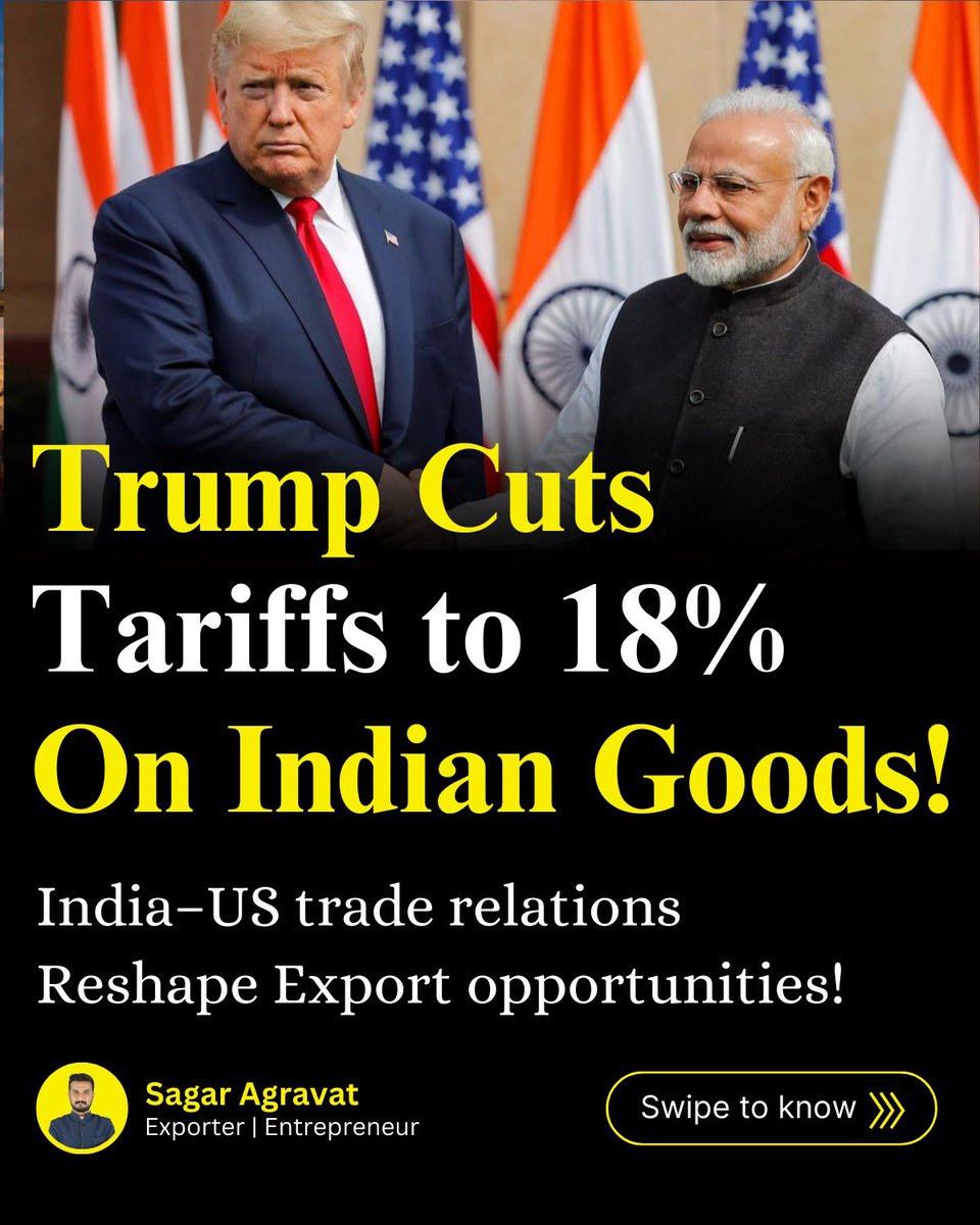 ExportwithSagar's tweet image. 🚨 BIG TRADE UPDATE 🚨
US cuts tariffs on Indian goods to 18% 🇮🇳🇺🇸
Lower costs. Higher demand. Bigger export opportunities.

If you’re an exporter — this is the moment to act 💼📦

#ExportUpdate #IndiaUSTrade #ExportBusiness #GlobalTrade #IndianExports