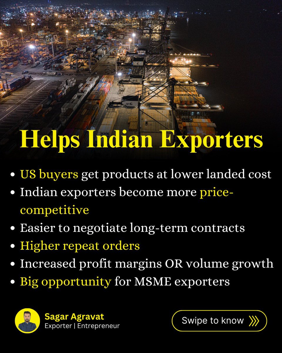 ExportwithSagar's tweet image. 🚨 BIG TRADE UPDATE 🚨
US cuts tariffs on Indian goods to 18% 🇮🇳🇺🇸
Lower costs. Higher demand. Bigger export opportunities.

If you’re an exporter — this is the moment to act 💼📦

#ExportUpdate #IndiaUSTrade #ExportBusiness #GlobalTrade #IndianExports