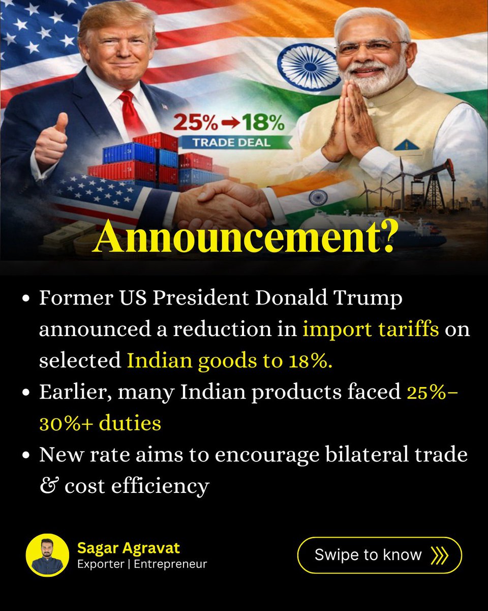 ExportwithSagar's tweet image. 🚨 BIG TRADE UPDATE 🚨
US cuts tariffs on Indian goods to 18% 🇮🇳🇺🇸
Lower costs. Higher demand. Bigger export opportunities.

If you’re an exporter — this is the moment to act 💼📦

#ExportUpdate #IndiaUSTrade #ExportBusiness #GlobalTrade #IndianExports