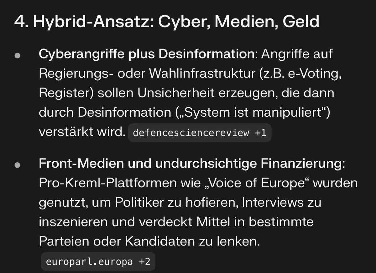 EU-Zensur und Wahlbeeinflussung. Gibts die? Ja, gibt es. Frage warum? Weil Russland einen hybriden Krieg im Cyberraum führt und Plattformen aggressive wahlbeeinflussende Inhalte nicht kontrollieren. Hier Auszüge aus Perplexity-Abfrage:

perplexity.ai/search/7de58f2…