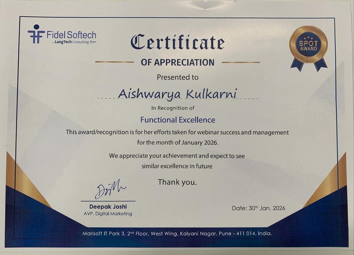 AishKulkarni02's tweet photo. Grateful and humbled to receive the Certificate of Appreciation – Spot Award for Functional Excellence at @Fidel_Softech.✨

Thankful for the constant support and trust from Deepak Joshi sir and my team.🚀

#SpotAward #FunctionalExcellence #LifeAtFidel @deepakJTech https://t.co/AavVBtivCf