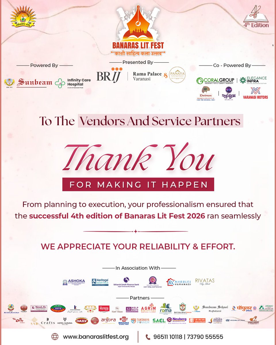 Blf2026's tweet photo. With sincere appreciation to our vendors and service partners for their professionalism and reliability.
Your efforts ensured the smooth and successful execution of the 4th Edition of Banaras Lit Fest 2026.
#BanarasLitFest #BLF2026 #WithGratitude #ServicePartners #TeamEffort https://t.co/AH5F9B0U2g