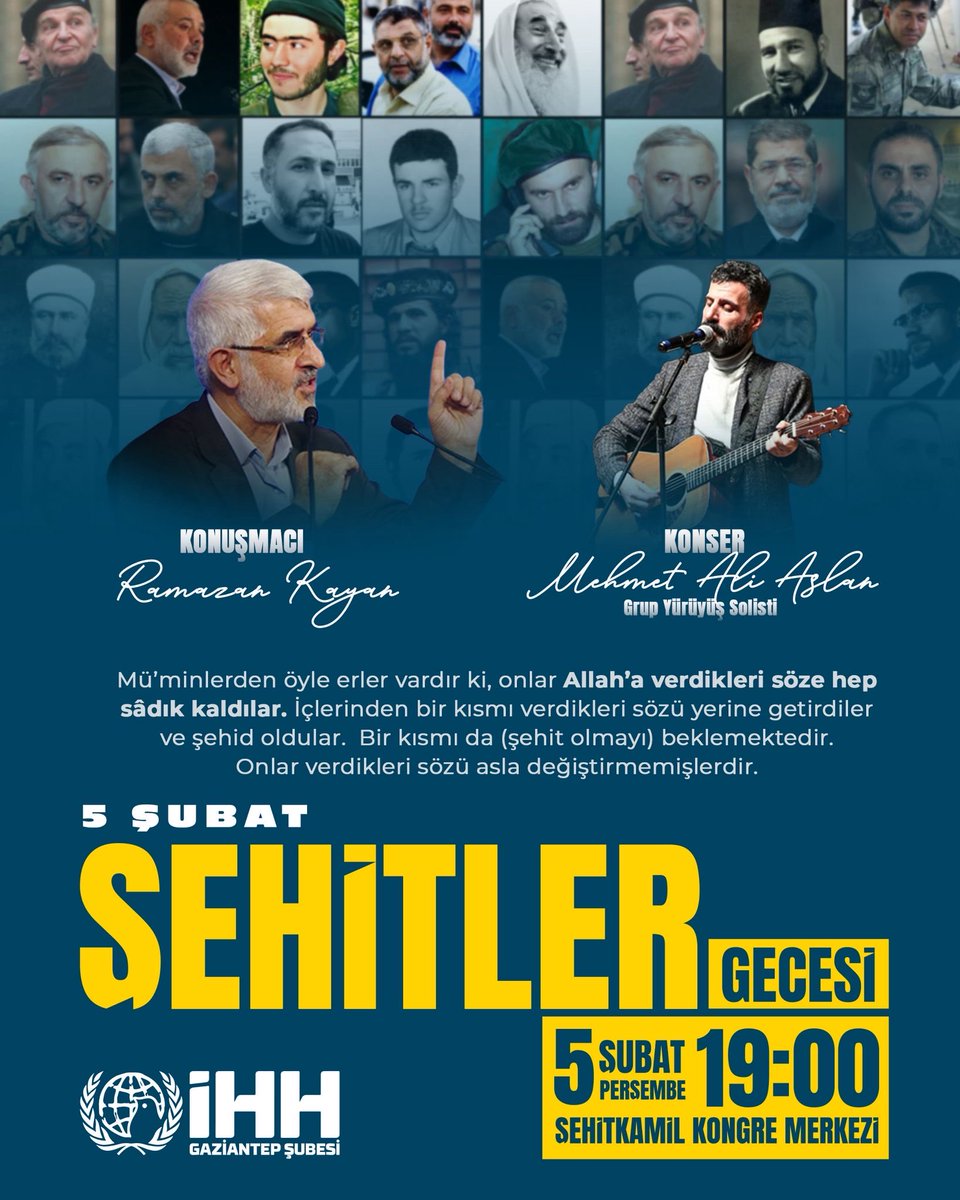 Bu akşamki Şehitler Gecesi programımıza ailenizle birlikte sizleri de bekliyoruz.

📍Şehitkamil Kongre Merkezi ( Mücahitler Mah. )

🕖 19.00
🗓️ 5 Şubat Perşembe (Bugün)