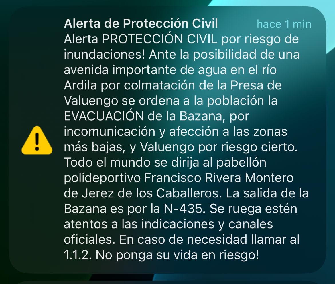 📲 Se ha procedido al envío masivo de Es-Alert para la evacuación de La Bazana y Valuengo ante la posibilidad de una avenida importante de agua en el río Ardila por colmatación de la Presa de Valuengo. 

☎️ En caso de #emergencia, llama al 1️⃣1️⃣2️⃣