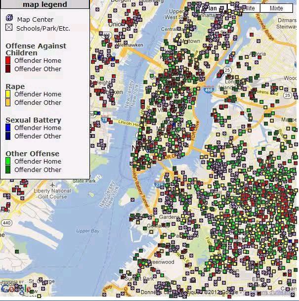 أكيد ابن تيمية السبب هه!
هذه خريطة المتحرشين بالاطفال والمغتصبين 
في حي منهاتن الراقي في مدينة نيويورك ..

كل نقطة تمثل مكان سكن رجل 
تمت ادانته بالاغتصاب !! 
فلا يخلوا شارع واحد من مغتصب 

ولأن معظم المغتصبين والمتحرشين يعودون 
لارتكاب نفس الجرائم ..بعد الخروج من السجن 

اضطرت
