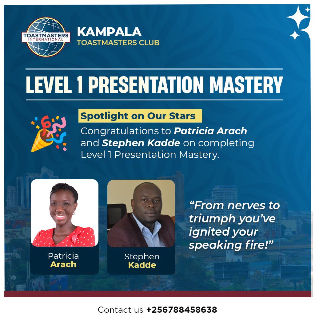 KampalaTM's tweet photo. 🎉 Congratulations to Patricia Arach and Stephen Kadde on completing Level 1: Presentation Mastery at Kampala Toastmasters Club!
Your journey to confident communication has begun 👏🎤
#Toastmasters #PresentationMastery #PublicSpeaking #KampalaToastmasters https://t.co/e6M60JYioe