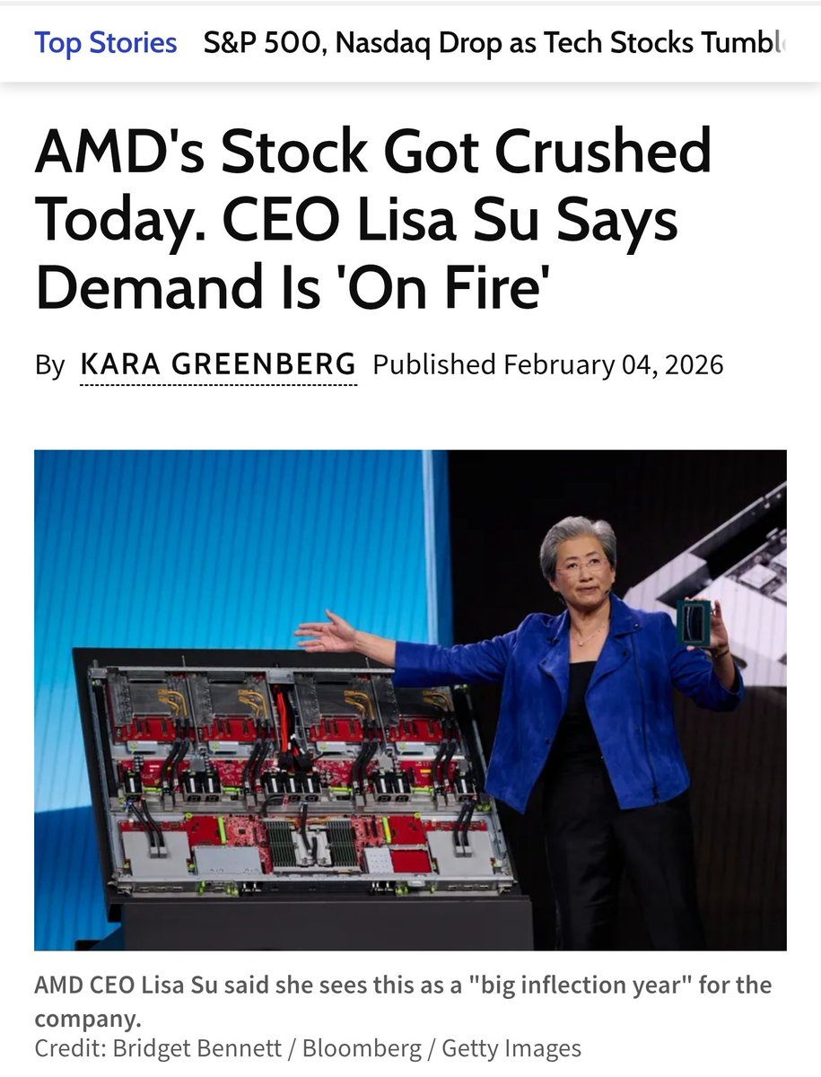 chartmongo's tweet image. [반도체] AMD -17% 대폭락... 리사 수 "수요 미쳤다"는데 시장은 왜?
​■ 주요 보도 내용 (26.02.04)
​주가 충격: AMD 주가가 하루 만에 17% 이상 폭락하며 $200 선으로 주저앉음. 실적은 월가 예상치를 상회했으나, 주가는 연중 최저치 수준으로 회귀.
​폭락 이유: 시장은 실적의 '질(Quality)'을…