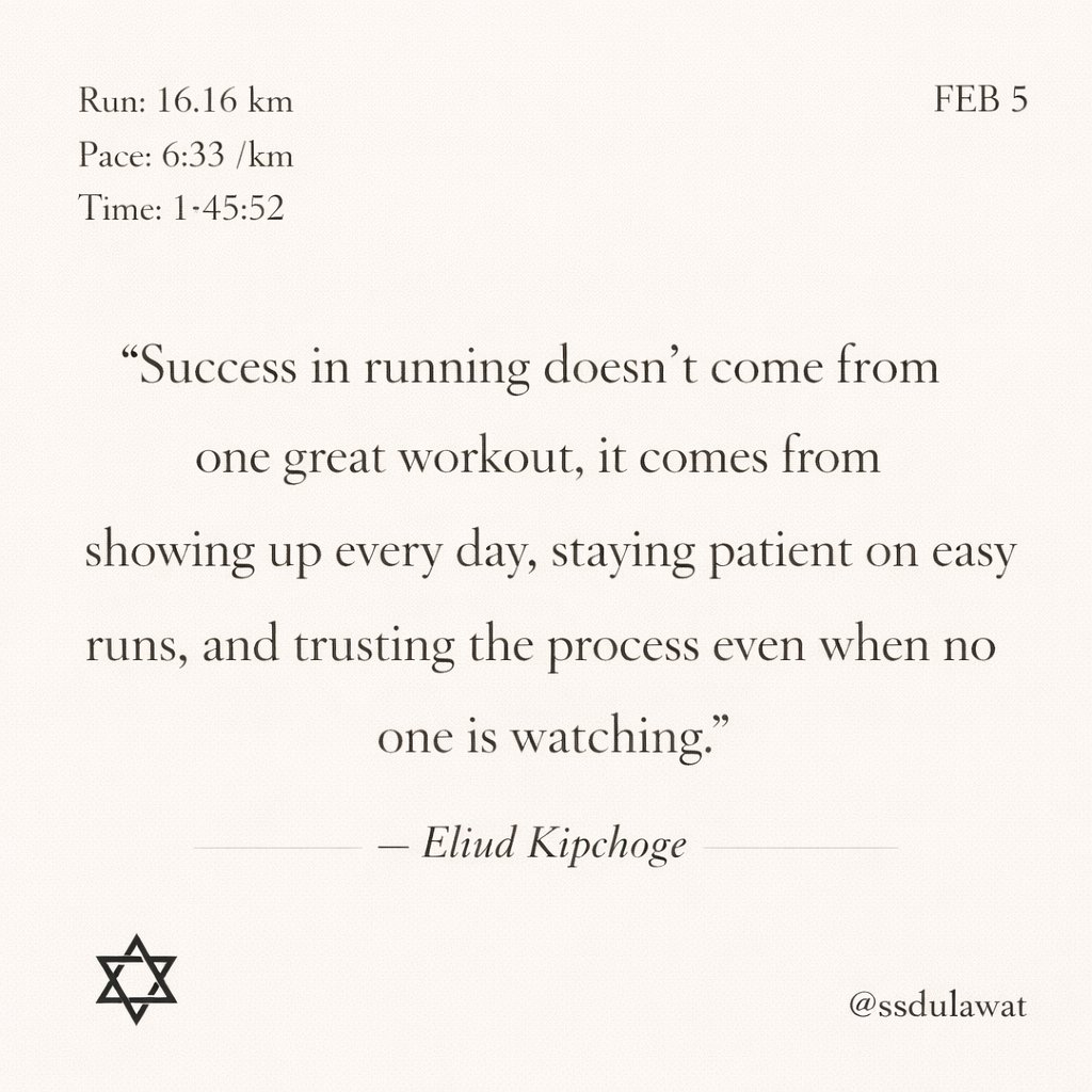 Friends, a small reminder from today’s run.
Easy runs are not wasted runs. They are where patience is trained, and the body learns to last.
16.16 km in 1:45:52 at 6:33/km. One calm day added to the journey.
#MewariRunners #RunForBrightIndia 🇮🇳 #ssdulawat #Running #DailyRun