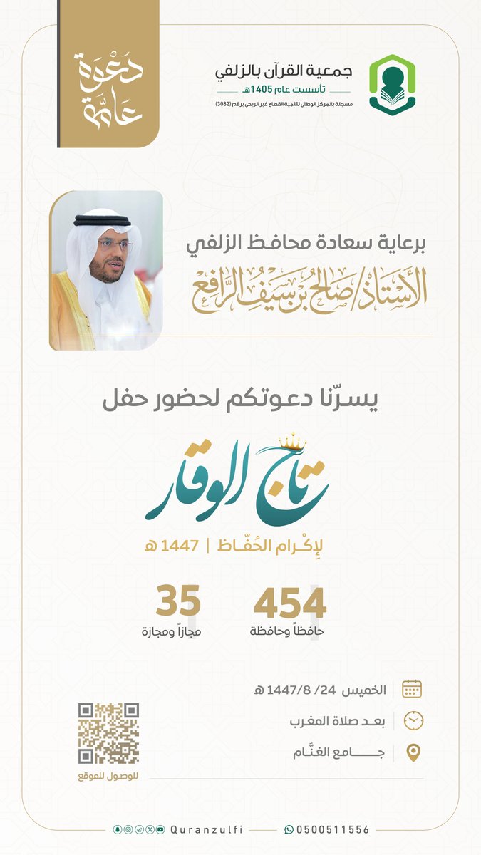 quranzulfi's tweet photo. 454 حافظاً وحافظة و 35 مجازاً ومجازة
تحت رعاية سعادة محافظ الزلفي
الأستاذ / صالح بن سيف الرافع

يسرّنا دعوتكم لحضور حفل #تاج_الوقار_1447 التابع لـ #تحفيظ_الزلفي
📅 الخميس 24 / 8 / 1447 هـ
🕒 بعد صلاة المغرب مباشرة
📍 جامع الغنام بـ #الزلفي https://t.co/LR5b22Jqlw