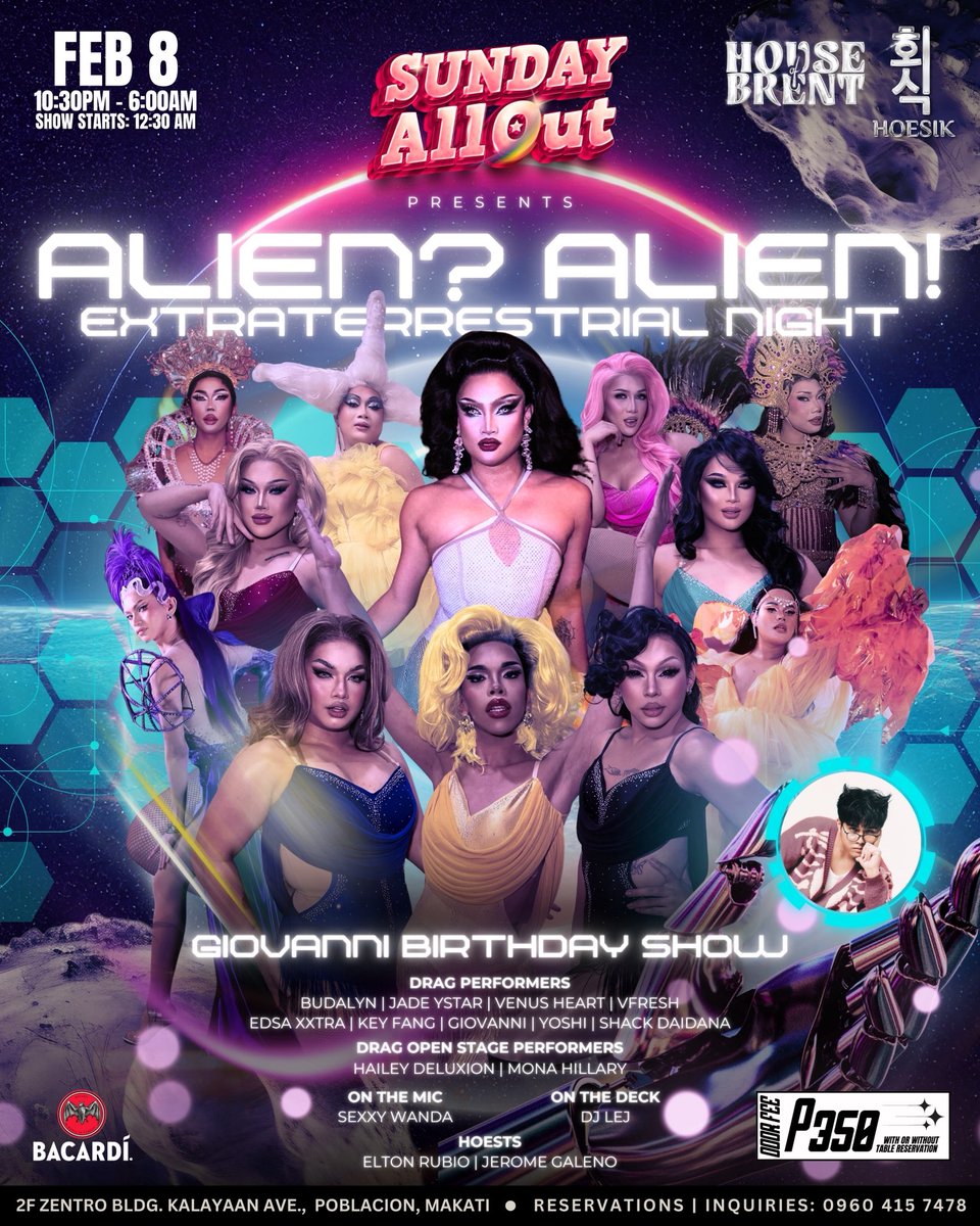 👽✨ Sunday All Out presents: ALIEN? ALIEN! EXTRATERRESTRIAL NIGHT ✨👽

We’re leaving Earth and entering the galaxy of Giovanni’s birthday! It’s bigger, bolder, and out of this world 🌌💫

📲 DM us for reservations or contact us at 096415 7478

#HoesikIsHOEm #SundayAllOut