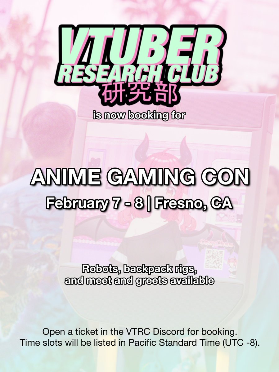 Don't forget that for Anime Gaming Con we have tv backpacks (for people who don't like driving) and M&amp;G slots!

Email info@vtuberresearch.club for a Discord invite