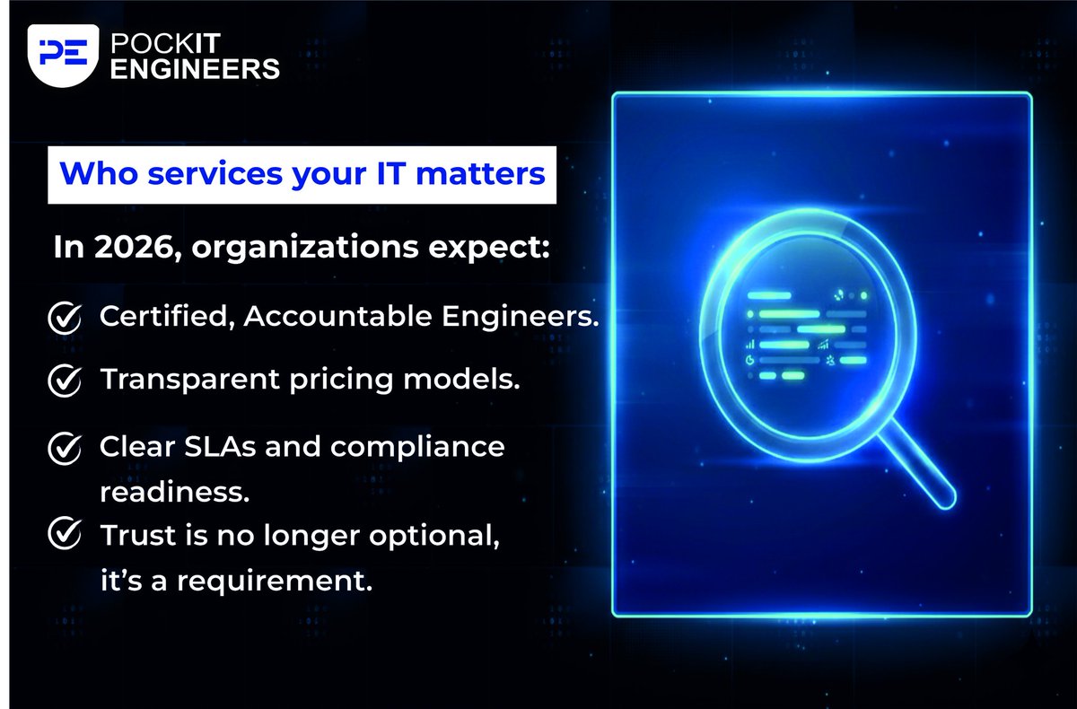 PockITEngineers's tweet photo. In 2026, IT isn’t about fixing problems — it’s about powering the business.

From reactive tickets to proactive IT that protects uptime, reduces risk and drives productivity.

👉 Partner with PockIT Professionals.

#ManagedIT #ITServiceDelivery #EnterpriseIT  #PockITProfessionals https://t.co/XnwgRjRId6