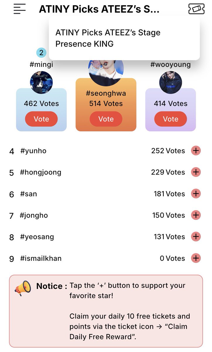 🚨 ATINY, assemble! 🚨
ATEEZ Stage Presence KING voting is live!

SEONGHWA is currently holding 1st place,
but the gap can change at any moment 👀🔥

✔️ 10 free votes every day
✔️ You can vote right now!

👉 Open the Faning app and tap the ‘+’ button to vote!
It’s time to show
