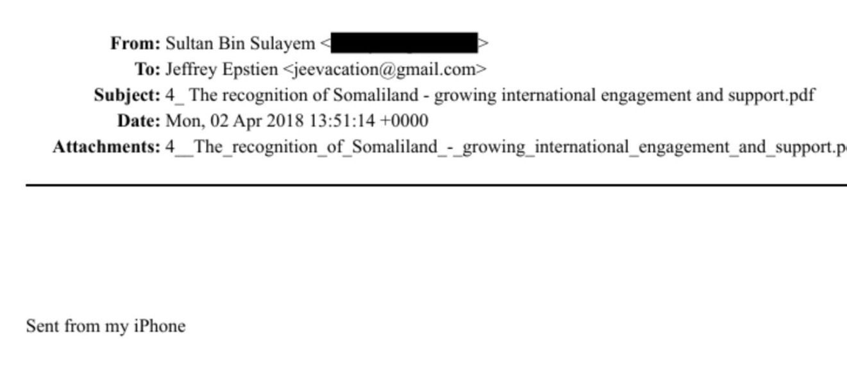 🔎 Emails show Jeffrey Epstein exploring ties to Somaliland and discussing a plan to build a film studio there, while separately receiving political briefings from a top Emirati official involved in Somaliland outreach.

In an August 9, 2012 email, a correspondent writes to