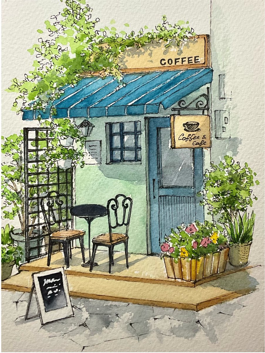街角カフェ
#ペン画　#透明水彩 
...中に入っても空いてる席があるのか気になる...そして入れない☕️