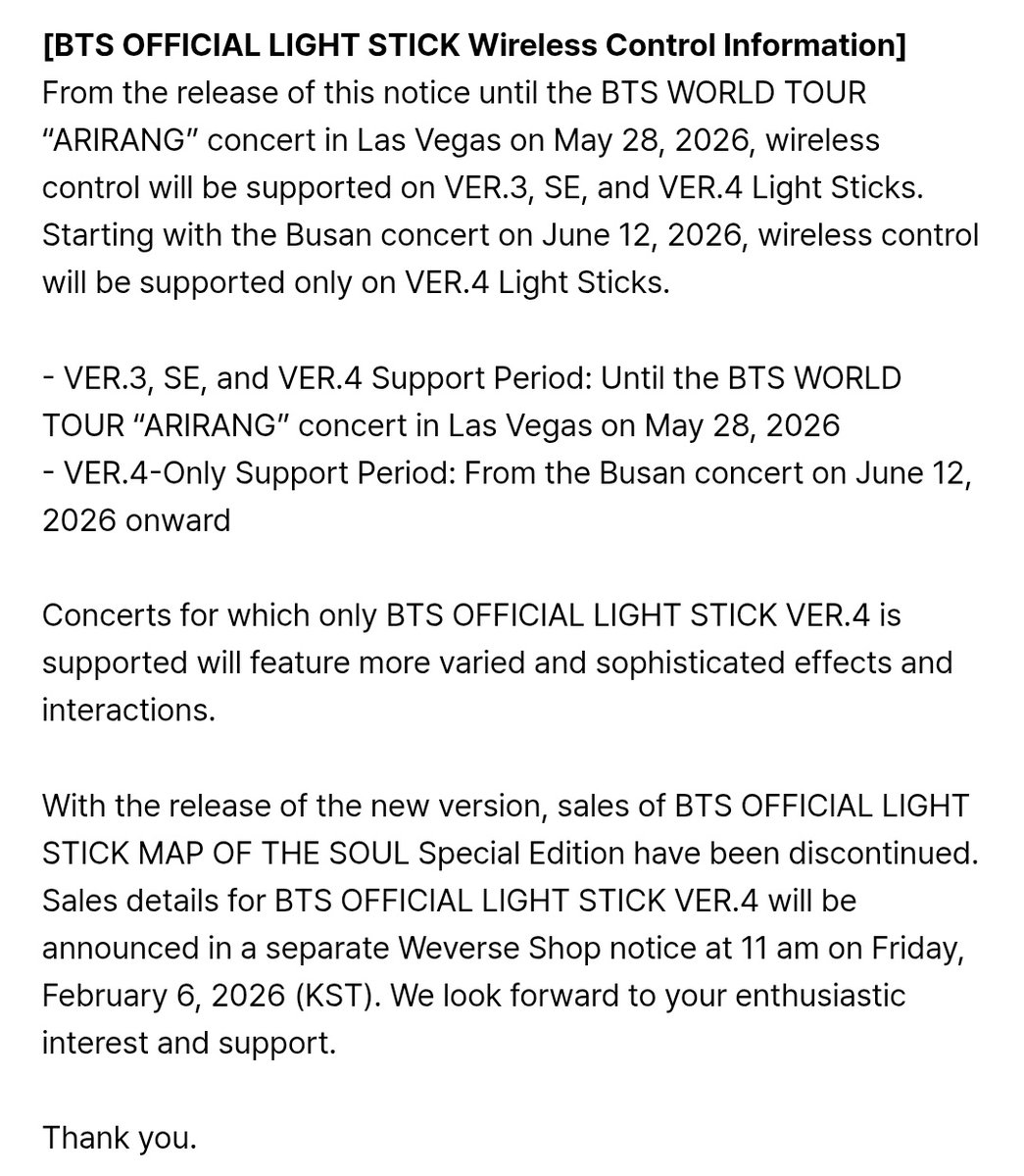 SUGAIndoFanbase's tweet photo. 📢 BTS Official Light Stick VER.4 resmi dirilis

​Penjualan versi lama (SE) telah dihentikan.
​Detail penjualan VER.4 akan diumumkan di Weverse Shop pada Jumat, 6 Februari 2026 pukul 09:00 WIB.

📌 Mulai konser Busan (12 Juni 2026), versi lama (VER.3 dan SE) tidak akan lagi mendukung kontrol nirkabel otomatis di lokasi konser. Hanya VER.4 yang akan berfungsi penuh.

Jadi Konser di Indonesia sudah sepenuhnya menggunakan Lightstick Ver.4 🥹