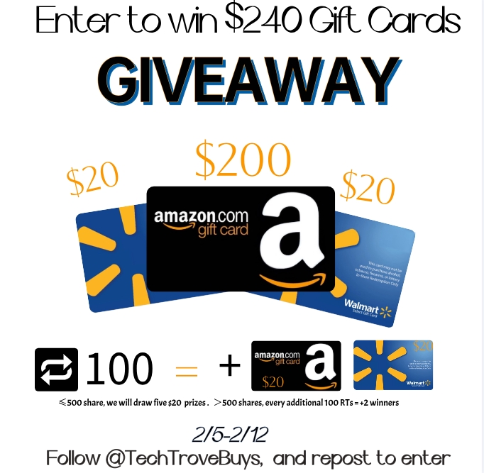 🚨 $240 GIVEAWAY🚨
Three lucky #WINNERS will receive the #Amazon or #Walmart GIFT CARD(#winners Choice)!
🏆$200*1 + $20*2
To enter:
1.RT
2.Follow <a href="/TechTroveBuys/">TechTroveBuys</a> 
#USA only
#giveaways #GiveawayAlert #Repost #follo #Share #AmazonGiftCard #Win #Countdown #weeklyDraw
