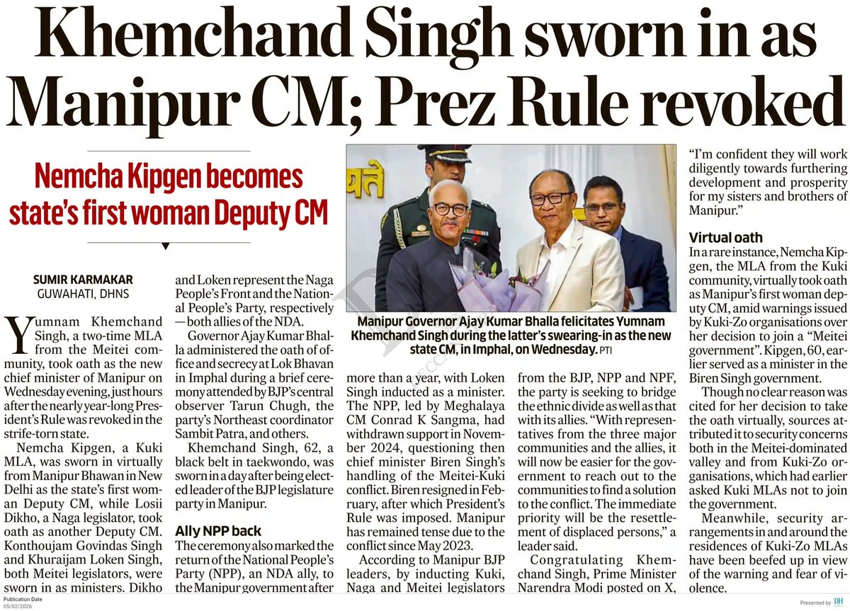 #Manipur: Y. Khemchand Singh takes oath as new CM, Kuki, Naga MLAs sworn-in as deputy CMs, NPP back to government. 
deccanherald.com/india/manipur/… <a href="/DeccanHerald/">Deccan Herald</a>