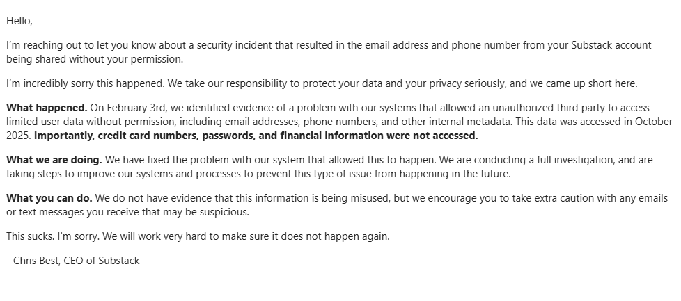 captive_dreamer's tweet photo. FYI substack email and phone number data has been leaked. https://t.co/xdaE9MHxZs