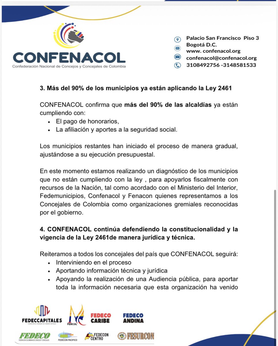 *DEFENSA DE LA LEY 2461 DE 2025* 

📣CONCEJALES  y CONCEJALAS de Colombia  

Desde nuestra organización nos permitimos ADJUNTAR COMUNICADO SOBRE AVANCES DEMANDA LEY 2461 ANTE LA CORTE CONSTITUCIONAL  y nuestra defensa e intervenciones a favor de todos los Concejales del país