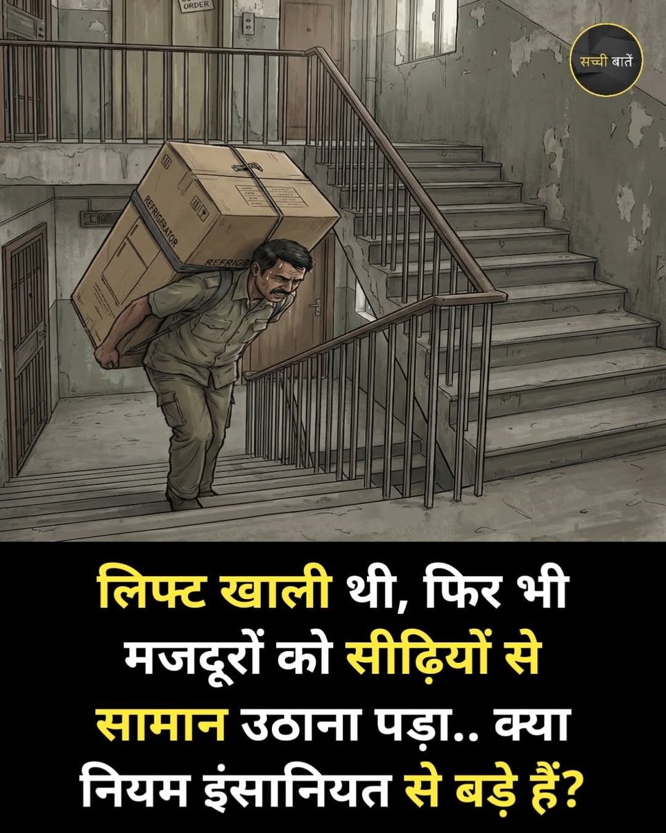 SocialistSpirit's tweet photo. 🏢 एक सोसायटी में किराएदार का सामान शिफ्ट हो रहा था।
लिफ्ट खाली थी… फिर भी मजदूरों को इस्तेमाल करने नहीं दिया गया। 🚫
नतीजा?
फ्रिज, बेड और भारी डिब्बे 📦
सीढ़ियों से कई मंज़िल ऊपर तक… 😓
❓ सवाल ये नहीं कि नियम क्या कहते हैं
सवाल ये है कि क्या इंसानियत नियमों से छोटी हो गई है?
जब सुविधा मौजूद हो और फिर भी किसी की मेहनत बढ़ा दी जाए,
तो ऐसे नियम व्यवस्था नहीं — संवेदनहीनता बन जाते हैं। ⚖️
नियम ज़रूरी हैं,
लेकिन संवेदनशीलता और सम्मान उससे भी ज़्यादा।
सोचिए। समझिए। बदलिए। ✨
#SocietyRules
#HumanityFirst
#RespectWorkers
#DignityOfLabour
#InsensitiveRules
#UrbanIndia
#SocialResponsibility
#ThinkBeyondRules