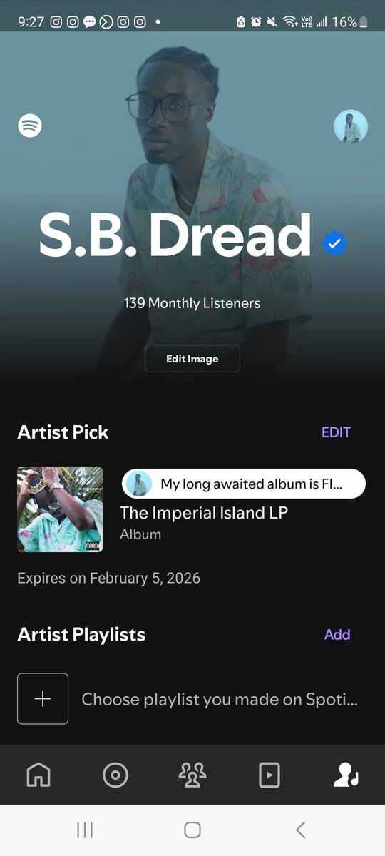 sbxtheimperial's tweet photo. Last update, my Spotify monthly listeners was at 32 but 3 weeks ago I dropped to 20😅. Now I am 139 and my followers over there jumped from 48 to 78 https://t.co/5Y7B5AaqHc