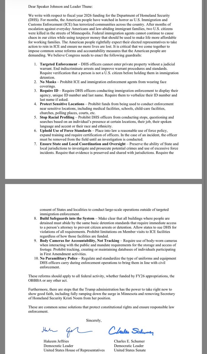 maxpcohen's tweet image. NEW: Schumer and Jeffries lay out 10 demands for DHS reforms