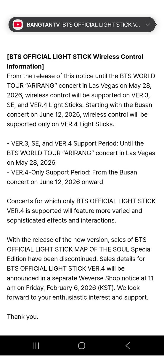 yoonmeowbit's tweet photo. Informasi mengenai BTS Lightstick Ver. 4:

1. Lightstick versi 3 dan AB SE hanya bisa dipakai sampai tanggal 28 Mei 2026 
2. Lightstick versi 4 sudah mulai bisa dipakai sejak rilis, dan tgl 12 Juni 2026 hanya bisa pakai yg versi 4 utk pairing ke konsernya
3. Dipakai ini maksudnya pairing pas konser ya. Setelah tanggal yg diumumkan udh gak kepairing lagi berarti.
4. PO start Jumat, 6 Februari 2026 jam 9 pagi sampai sold out dan biasanya weverse akan restock lagi kok mgkn 1 bulan sekali atau dibuat PO.
5. Estimasi harga (ini mnrt perkiraan aku dan harga di GO aku):
- 49.000 won > 750k dp 615k
- 52.000 won > 750k dp 615k
- 55.000 won > 780k dp 650k
6. Biasanya 1 akun weverse hanya bisa co 1 barang ya
7. Yang mau join GO whatsapp dm aja ya, aku udh open po lightstick sejak 2020 akhir 🫰🏻

Maaci 🫰🏻💕