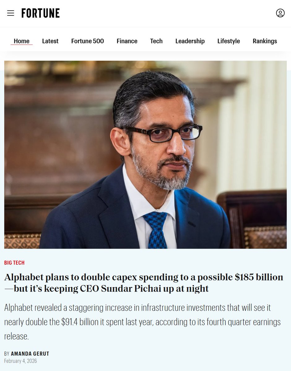 minchoi's tweet image. Google just committed $175-185 billion to AI infrastructure in 2026.

That's more than the GDP of 130 countries.

They beat every earnings estimate, and the stock still dropped 3%.
 
The market doesn't understand what's coming.

We are so early.