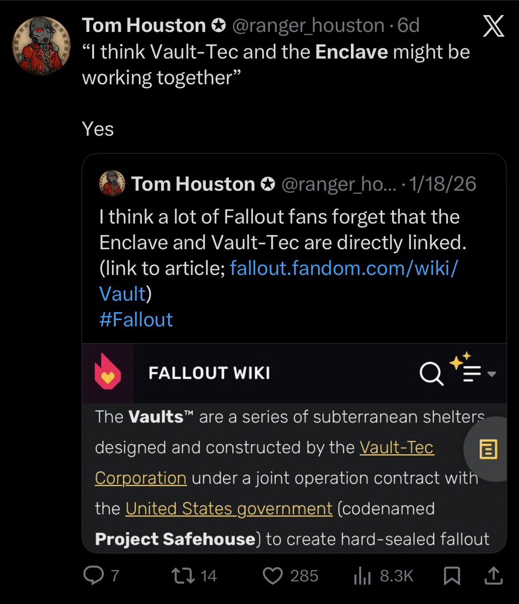 How many times do I have to explain to these tourists that the enclave and vault-tec are linked at the hip?!