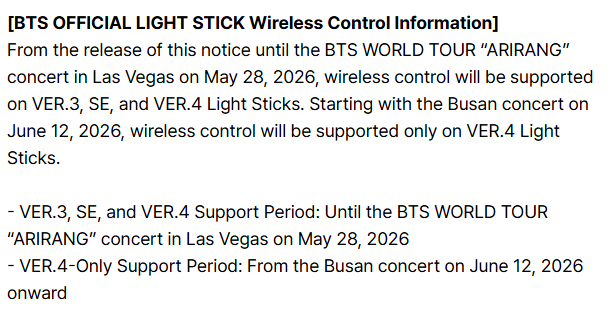yoong_coffee's tweet image. ช่วงเวลาที่ระบบเชื่อมต่อ Wireless Control ในคอนเสิร์ตใช้ได้กับมี่บอมบ์แต่ละรุ่น

ช่วงเวลาที่ใช้ VER.3, SE, VER.4 เชื่อมได้
- ใช้เชื่อมต่อในคอนได้จนถึง 28 พ.ค 2026

ช่วงเวลาที่ใช้ VER.4 เชื่อมได้อย่างเดียว
- เริ่มตั้งแต่คอนปูซาน 12 มิ.ย 2026 เป็นต้นไป

ถามจริงบฮ.?!!