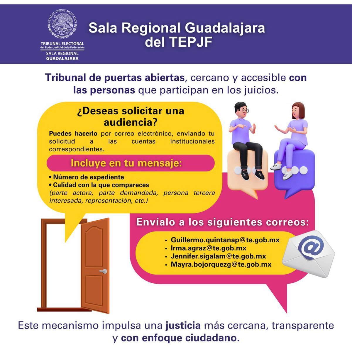 ¿Sabías qué…?
⚖️ Si eres parte de un juicio ante la Sala Regional Guadalajara (<a href="/TEPJF_GDL/">Sala Regional Guadalajara</a>), solicitar una audiencia está a un correo de distancia. 📨
✅ Sin complicaciones. ✅Transparente. ✅ Desde donde estés.

Los pasos son muy sencillos, conócelos en esta infografía. #TEPJF