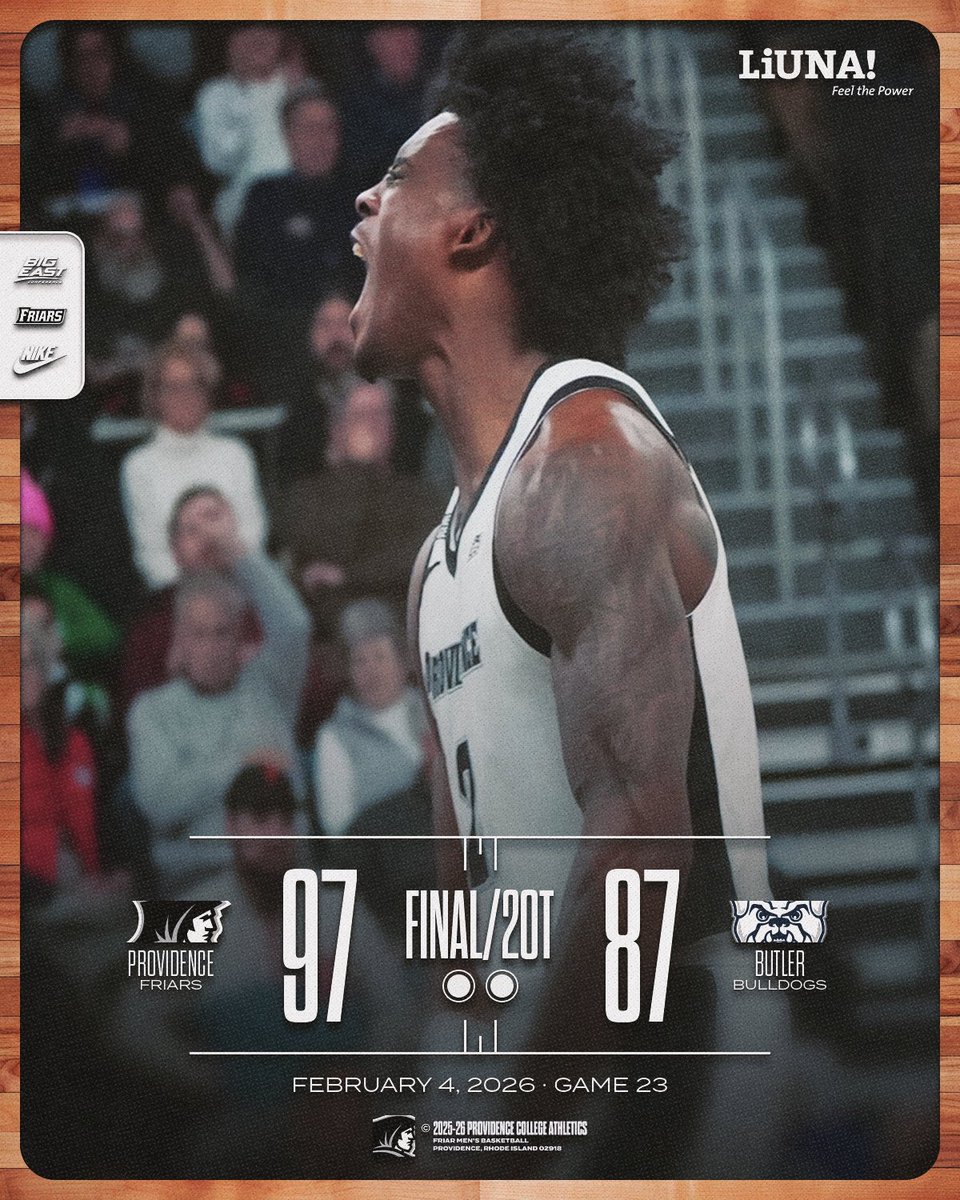 FRIARS WIN!

2OT
Providence - 97
Butler - 87

Jaylin Sellers finishes with a career-high 36 points
Ryan Mela (14pts/10reb) records a double-double