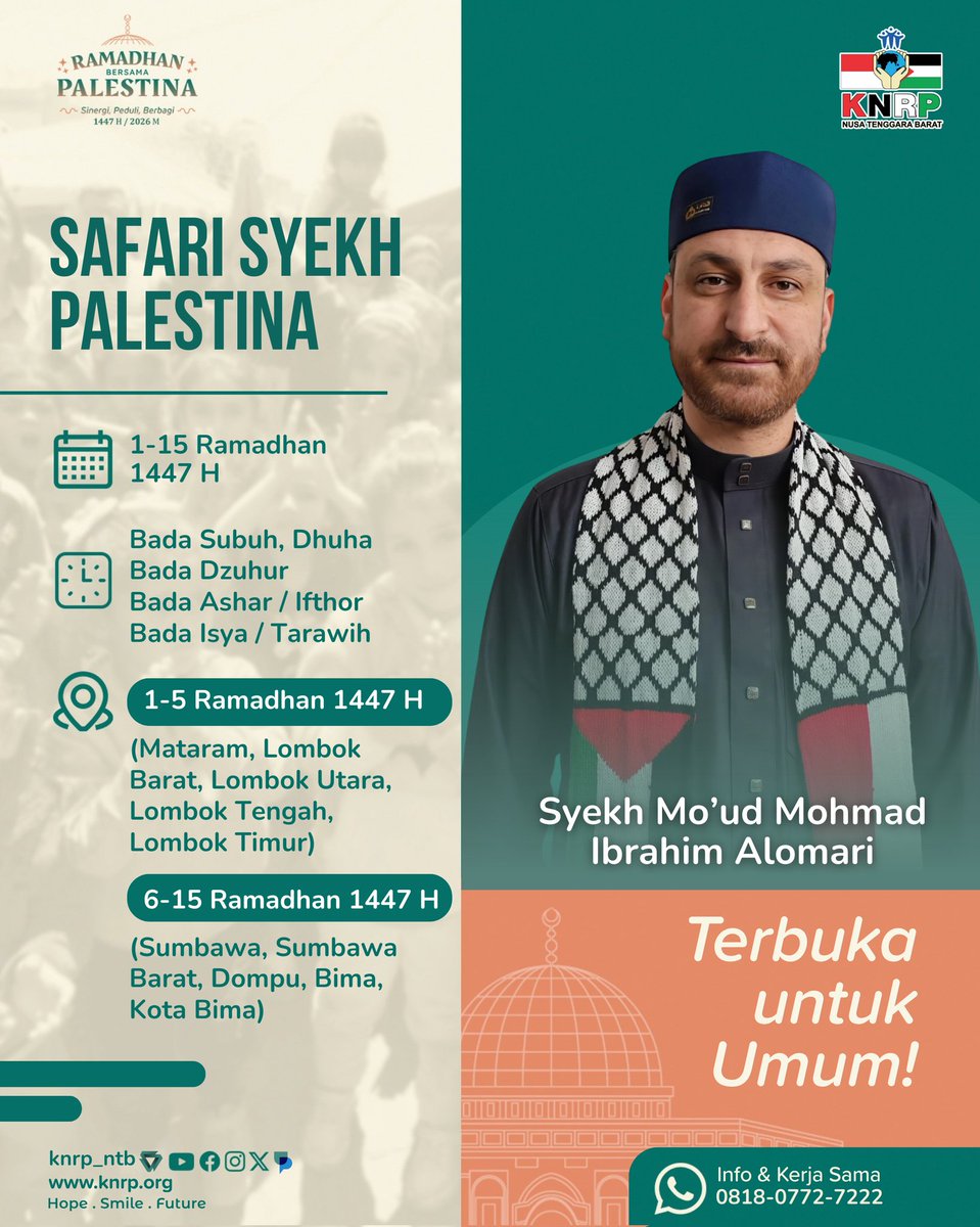 knrp_ntb's tweet image. Bersama KNRP NTB, mari hadirkan wajah Palestina melalui kegiatan Safari Ramadhan di kota anda:
📍Pulau Lombok
🗓 1–5 Ramadhan
🗓 6–15 Ramadhan

📲Info &amp;amp; Kerja Sama:
wa.me/6281807727222

#syaban #ramadhan #bukber #food #safariramadhan